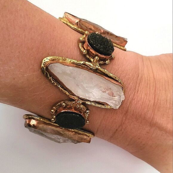Gemstone Brass and Copper Statement Cuff Bracelet - Picture 1 of 8